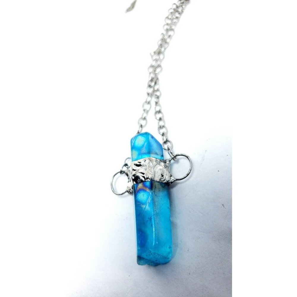 Aqua Aura quartz crystal necklace handmade gothic fantasy metalwork fairy lore